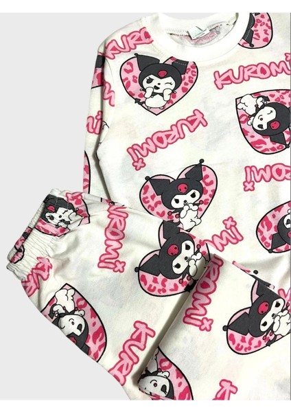 Kız Çocuk Pamuklu Beyaz Pembe Kuromi Desenli Uzun Kollu Mevsimlik Pijama Takımı modelleri