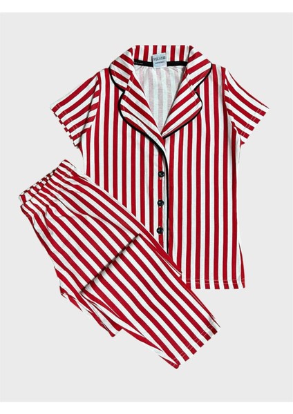 Kız Çocuk %100 Pamuklu Kırmızı Çizgili Gömlek Yaka Boydan Düğmeli Kısa Kollu Yazlık Pijama Takımı