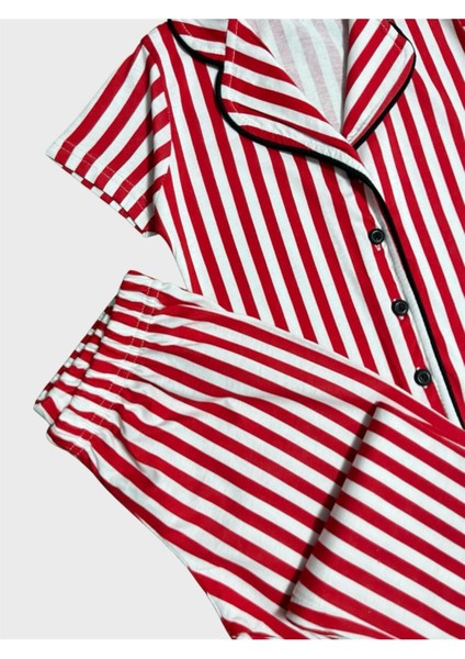 Kız Çocuk %100 Pamuklu Kırmızı Çizgili Gömlek Yaka Boydan Düğmeli Kısa Kollu Yazlık Pijama Takımı modelleri
