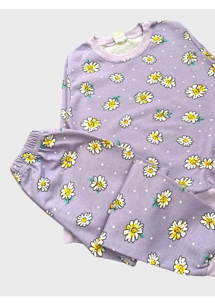 Kız Çocuk Pamuklu Lila Çiçek Papatya Desenli Uzun Kollu Mevsimlik Pijama Takımı modelleri