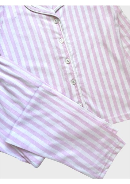 Kız Çocuk %100 Pamuklu Beyaz Pembe Çizgili Gömlek Yaka Boydan Düğmeli Mevsimlik Pijama Takımı modelleri