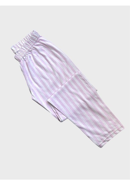 Kız Çocuk %100 Pamuklu Beyaz Pembe Çizgili Gömlek Yaka Boydan Düğmeli Mevsimlik Pijama Takımı