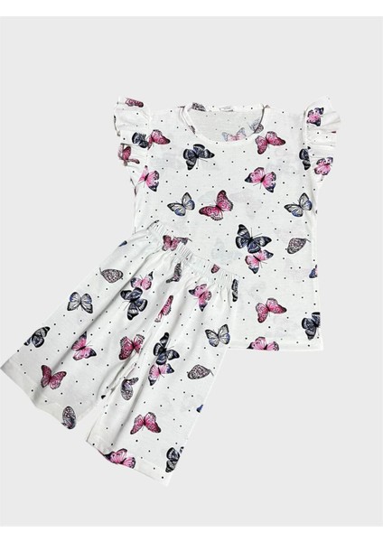 Kız Çocuk Pamuklu Beyaz Kelebek Desenli Kısa Kollu Şortlu Yazlık Pijama Takımı
