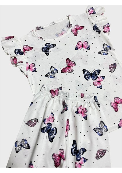 Kız Çocuk Pamuklu Beyaz Kelebek Desenli Kısa Kollu Şortlu Yazlık Pijama Takımı modelleri