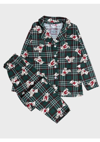 Kız Çocuk Pamuklu Yeşil Ekose Ayıcık Desenli Uzun Kollu Gömlek Yaka Düğmeli Mevsimlik Pijama Takımı