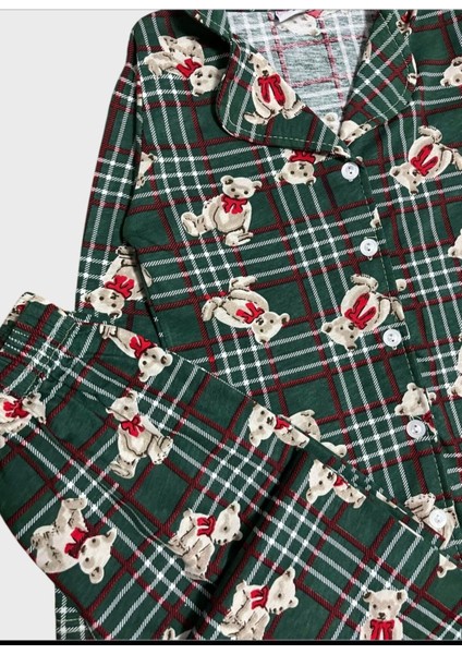 Kız Çocuk Pamuklu Yeşil Ekose Ayıcık Desenli Uzun Kollu Gömlek Yaka Düğmeli Mevsimlik Pijama Takımı fırsatları