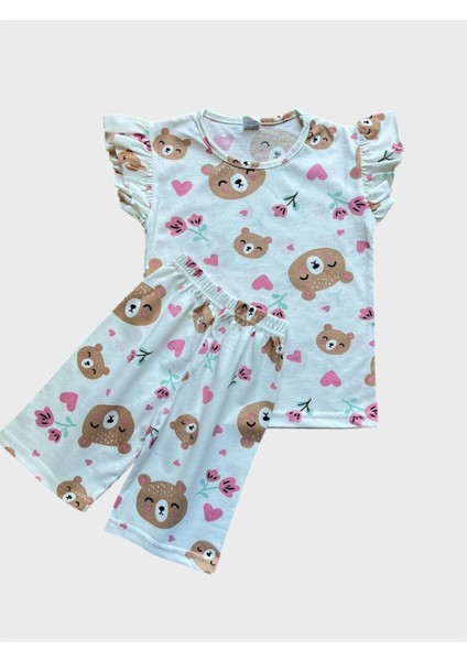 Kız Çocuk Pamuklu Beyaz Ayıcık Desenli Kısa Kollu Şortlu Yazlık Pijama Takımı