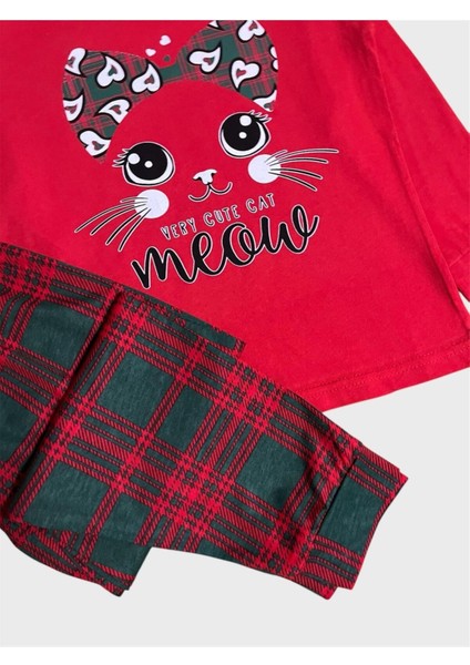 Kız Çocuk %100 Pamuklu Kırmızı Kedi Desenli Altı Ekose Desenli Uzun Kollu Mevsimlik Pijama Takımı fiyatları