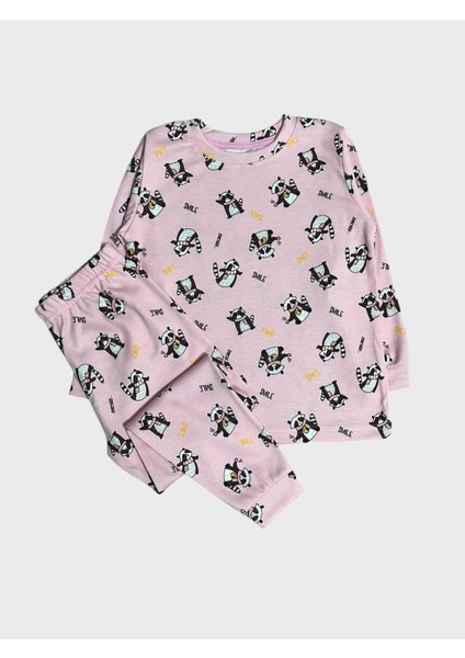 Kız Çocuk %100 Pamuklu Pembe Rakun Desenli Uzun Kollu Kışlık Pijama Takımı