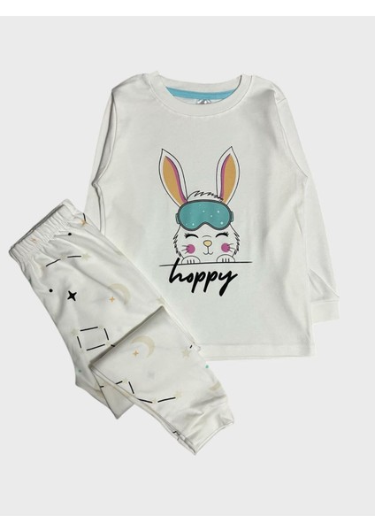 Kız Çocuk %100 Pamuklu Beyaz Tavşan Desenli Uzun Kollu Pijama Takımı