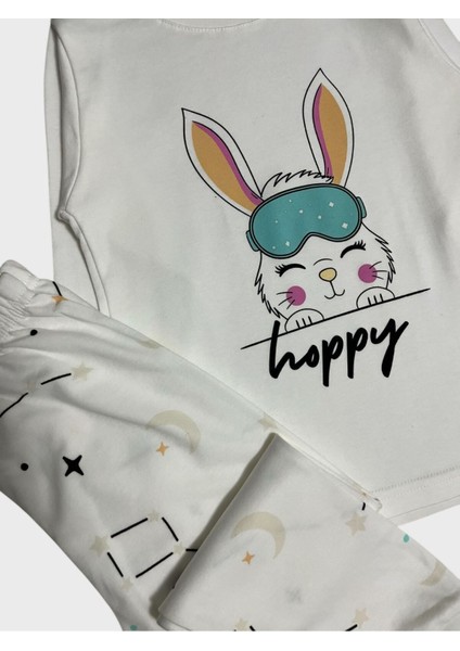 Kız Çocuk %100 Pamuklu Beyaz Tavşan Desenli Uzun Kollu Pijama Takımı modelleri