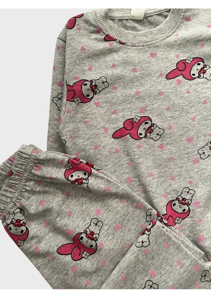 Kız Çocuk Pamuklu Gri Pembe My Melody Karakter Desenli Uzun Kollu Mevsimlik Pijama Takımı modelleri