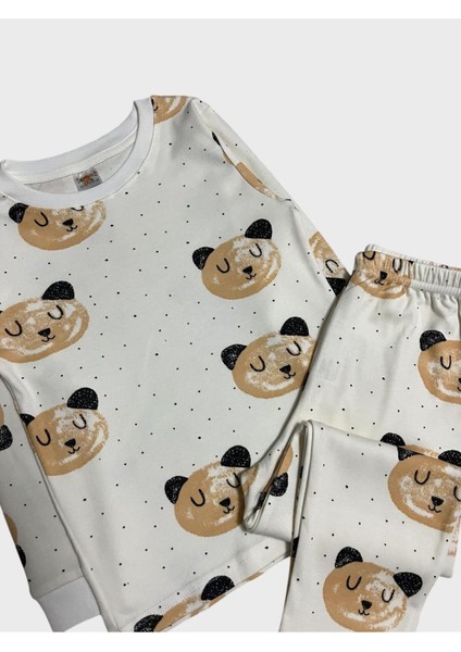 Kız Çocuk %100 Pamuklu Beyaz Ayıcık Desenli Uzun Kollu Kışlık Pijama Takımı modelleri