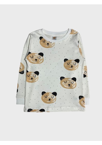 Kız Çocuk %100 Pamuklu Beyaz Ayıcık Desenli Uzun Kollu Kışlık Pijama Takımı fırsatları