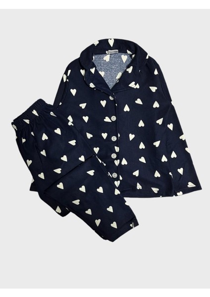 Kız Çocuk Pamuklu Süet Lacivert Kalp Desenli Gömlek Yaka Boydan Düğmeli Uzun Kollu Pijama Takımı