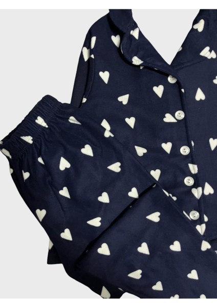 Kız Çocuk Pamuklu Süet Lacivert Kalp Desenli Gömlek Yaka Boydan Düğmeli Uzun Kollu Pijama Takımı fiyatları