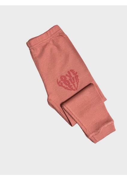 Kız Çocuk Pamuklu Waffle Kumaş Turuncu Love Desenli Uzun Kollu Pijama Takımı indirimleri