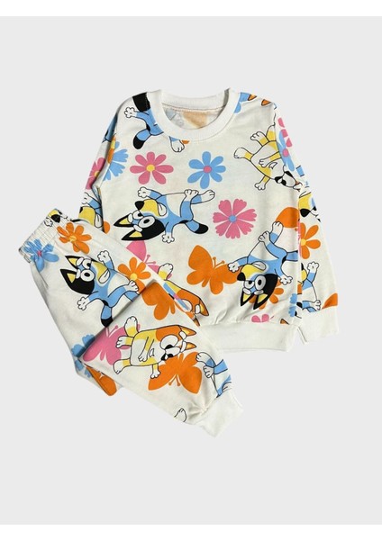 Kız Çocuk Pamuklu Şardonlu Beyaz Bluey Desenli Uzun Kollu Pijama Takımı