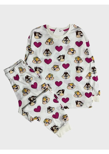 Kız Çocuk %100 Pamuklu Beyaz Kalp Kedi Desenli Uzun Kollu Pijama Takımı