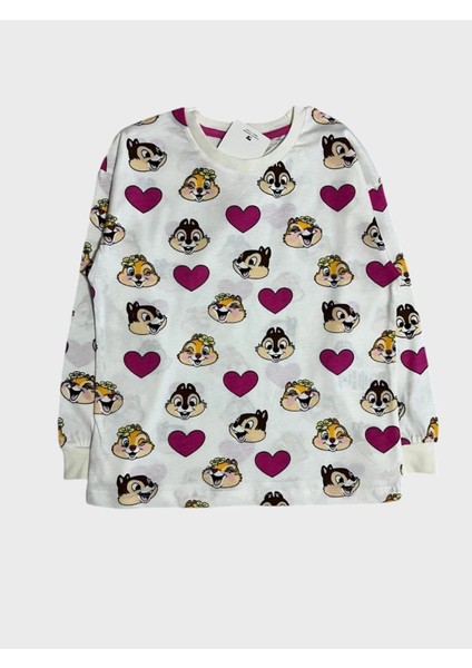 Kız Çocuk %100 Pamuklu Beyaz Kalp Kedi Desenli Uzun Kollu Pijama Takımı fırsatları