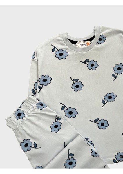 Kız Çocuk Pamuklu Mavi Çiçek Desenli Uzun Kollu Pijama Takımı modelleri