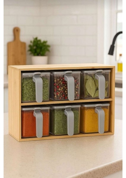 Bambu Standlı Bölmeli Kapaklı Ve kaşıklı 9 Lu Şeffaf Baharatlık