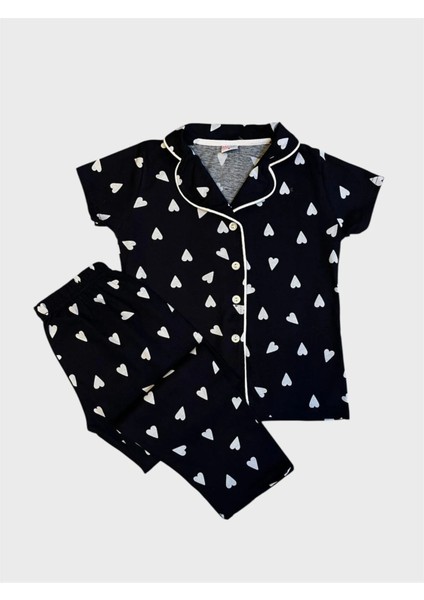 Kız Çocuk Lacivert Kalp Desenli Gömlek Yaka Boydan Düğmeli Kısa Kollu Yazlık Pijama Takımı