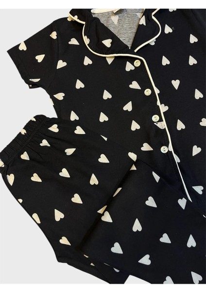 Kız Çocuk Lacivert Kalp Desenli Gömlek Yaka Boydan Düğmeli Kısa Kollu Yazlık Pijama Takımı fiyatları