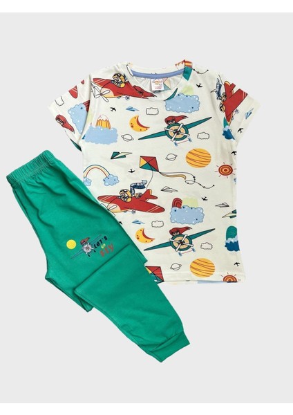 Kız Çocuk %100 Pamuklu Uçurtma Uçak Kız Desenli Kısa Kollu Yazlık Pijama Takımı