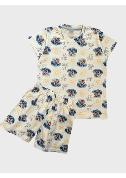 Kız Çocuk %100 Pamuklu Balon Güneş Desenli Kısa Kollu Şortlu Pijama Takımı