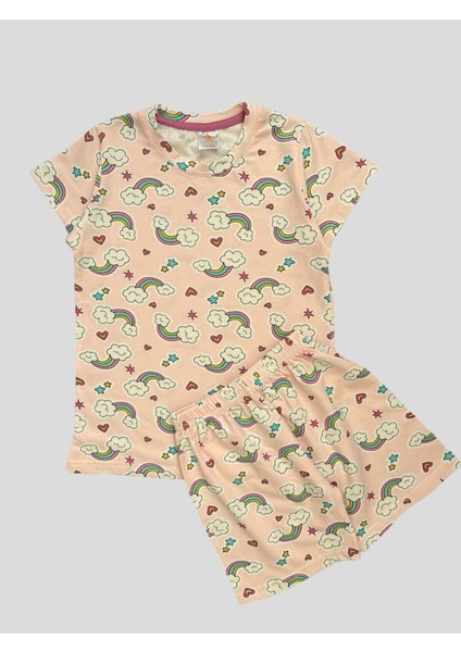 Kız Çocuk %100 Pamuklu Pembe Gökkuşağı Desenli Kısa Kollu Şortlu Yazlık Pijama Takımı