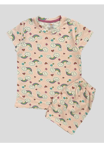 Kız Çocuk %100 Pamuklu Pembe Gökkuşağı Desenli Kısa Kollu Şortlu Yazlık Pijama Takımı fiyatları