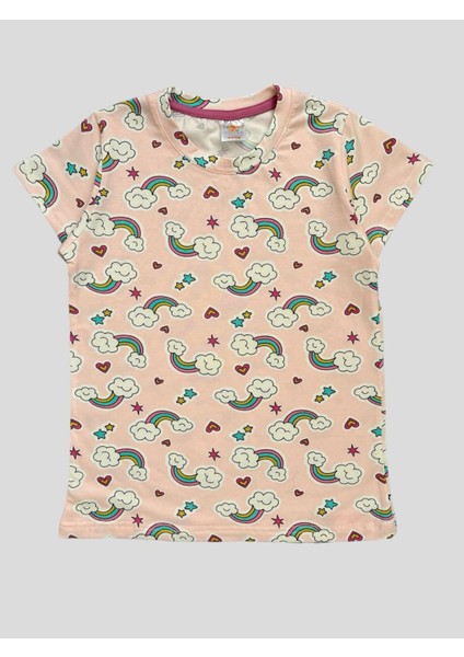 Kız Çocuk %100 Pamuklu Pembe Gökkuşağı Desenli Kısa Kollu Şortlu Yazlık Pijama Takımı fırsatları