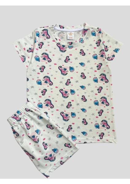 Kız Çocuk %100 Pamuklu Deniz Atı Desenli Kısa Kollu Şortlu Yazlık Pijama Takımı modelleri