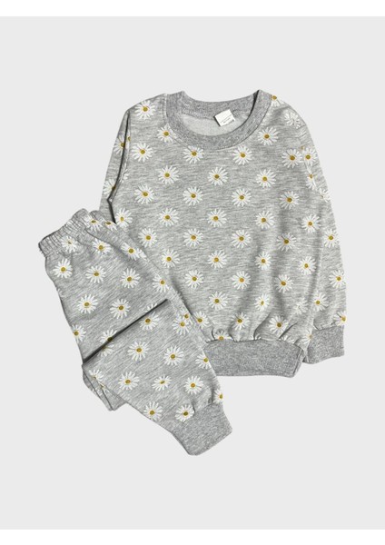 Kız Çocuk Pamuklu Şardonlu Gri Papatya Desenli Uzun Kollu Pijama Takımı