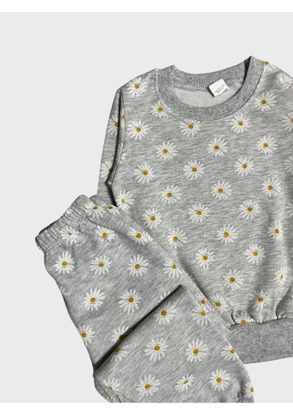 Kız Çocuk Pamuklu Şardonlu Gri Papatya Desenli Uzun Kollu Pijama Takımı modelleri