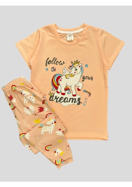 Kız Çocuk %100 Pamuklu Unıcorn Gökkuşağı Desenli Kısa Kollu Yazlık Pijama Takımı