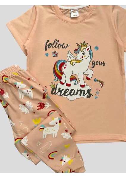 Kız Çocuk %100 Pamuklu Unıcorn Gökkuşağı Desenli Kısa Kollu Yazlık Pijama Takımı fiyatları