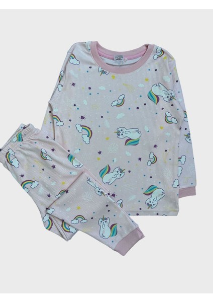 Kız Çocuk Pamuklu Fitilli Kumaş Pembe Gökkuşağı Kedi Desenli Uzun Kollu Mevsimlik Pijama Takımı