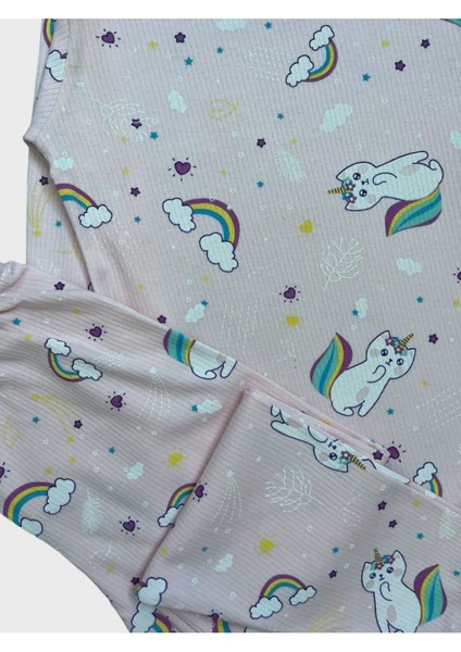 Kız Çocuk Pamuklu Fitilli Kumaş Pembe Gökkuşağı Kedi Desenli Uzun Kollu Mevsimlik Pijama Takımı fiyatları