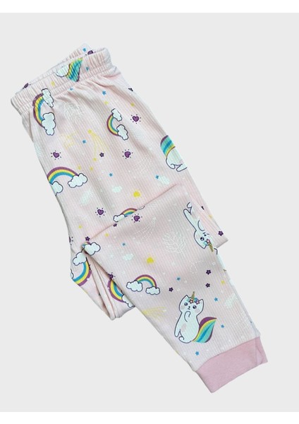 Kız Çocuk Pamuklu Fitilli Kumaş Pembe Gökkuşağı Kedi Desenli Uzun Kollu Mevsimlik Pijama Takımı fırsatları