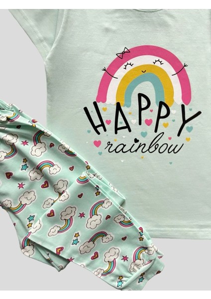 Kız Çocuk %100 Pamuklu Gökkuşağı Desenli Yeşil Kısa Kollu Pijama Takımı fiyatları