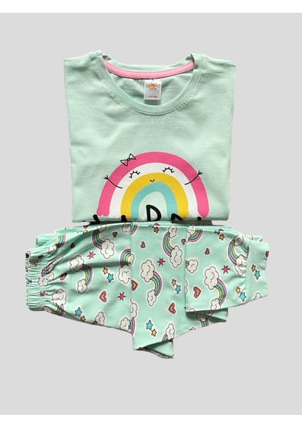 Kız Çocuk %100 Pamuklu Gökkuşağı Desenli Yeşil Kısa Kollu Pijama Takımı modelleri