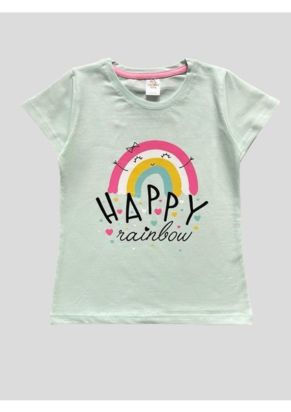 Kız Çocuk %100 Pamuklu Gökkuşağı Desenli Yeşil Kısa Kollu Pijama Takımı indirimleri
