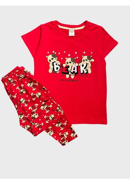 Kız Çocuk %100 Pamuklu Bear Ayıcık Desenli Kısa Kollu Yazlık Pijama Takımı