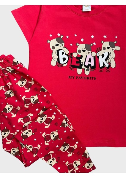 Kız Çocuk %100 Pamuklu Bear Ayıcık Desenli Kısa Kollu Yazlık Pijama Takımı modelleri