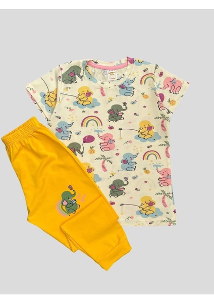 Kız Çocuk %100 Pamuklu Fil Desenli Beyaz Kısa Kollu Yazlık Pijama Takımı
