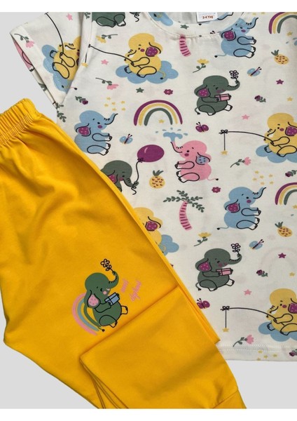 Kız Çocuk %100 Pamuklu Fil Desenli Beyaz Kısa Kollu Yazlık Pijama Takımı modelleri