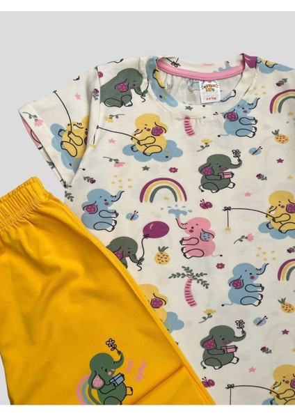 Kız Çocuk %100 Pamuklu Fil Desenli Beyaz Kısa Kollu Yazlık Pijama Takımı