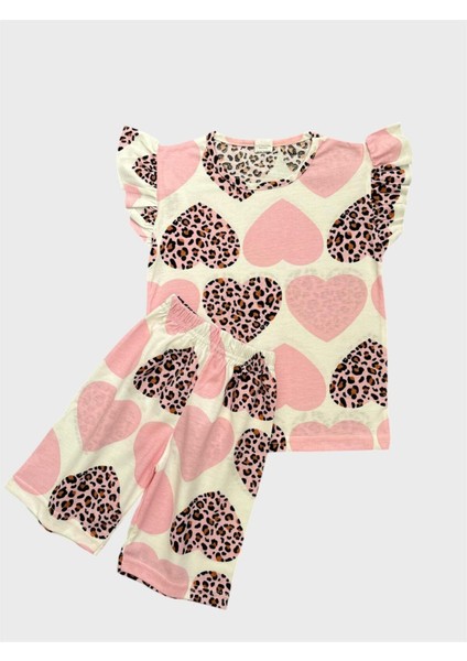 Kız Çocuk Pamuklu Pembe Kalp Leopar Desenli Kısa Kollu Şortlu Yazlık Pijama Takımı